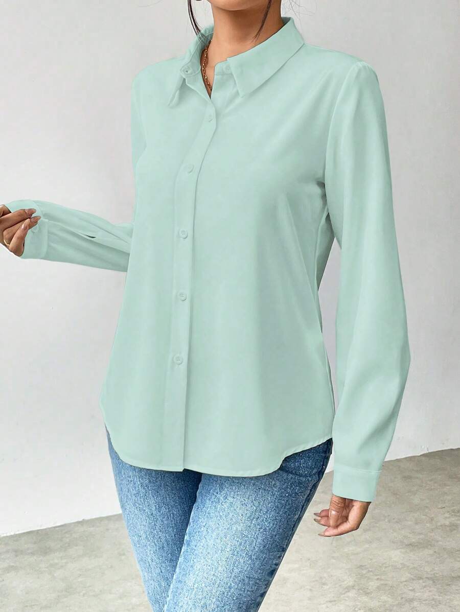 Pia Button Front Long Sleeve Blouse Classic Collared Shirt - Mint Green
