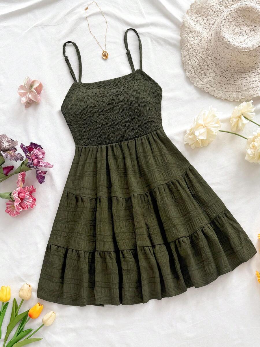 Soleia Women's Summer Holiday Solid Color Spaghetti Strap Dress With Ruffled Hem Mensa