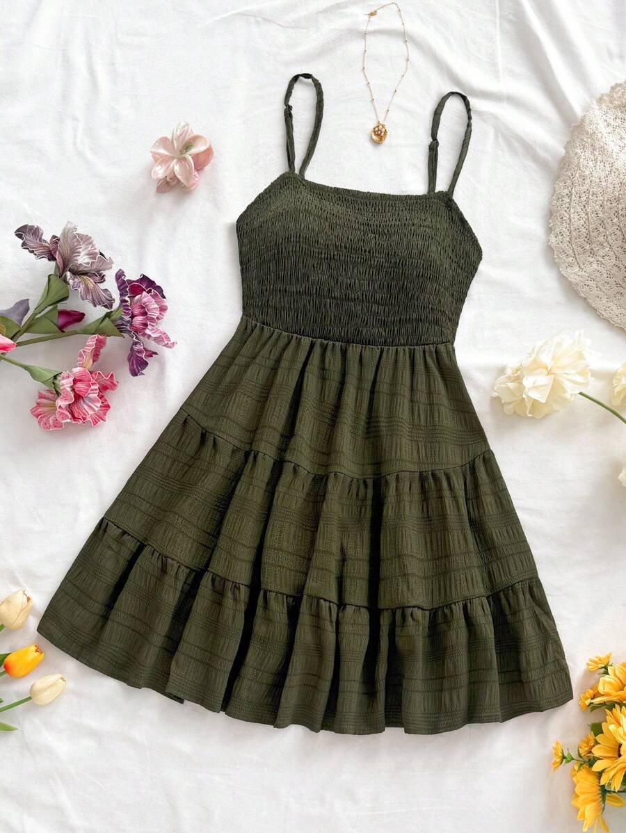 Soleia Women's Summer Holiday Solid Color Spaghetti Strap Dress With Ruffled Hem Mensa