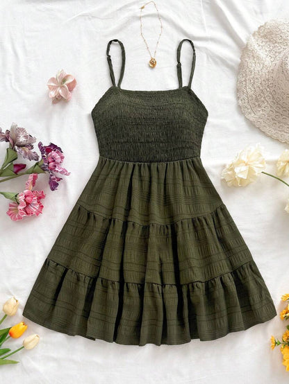 Soleia Women's Summer Holiday Solid Color Spaghetti Strap Dress With Ruffled Hem Mensa