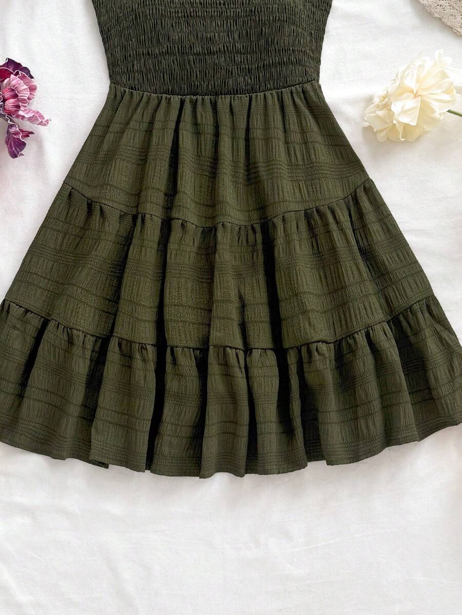 Soleia Women's Summer Holiday Solid Color Spaghetti Strap Dress With Ruffled Hem Mensa