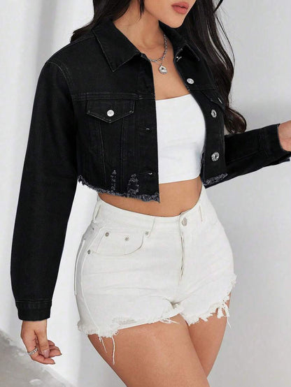Bridget Frayed Hem Crop Washed Denim Jacket - Army Green
