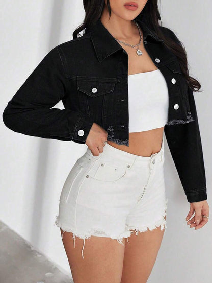 Bridget Frayed Hem Crop Washed Denim Jacket - Dark Wash