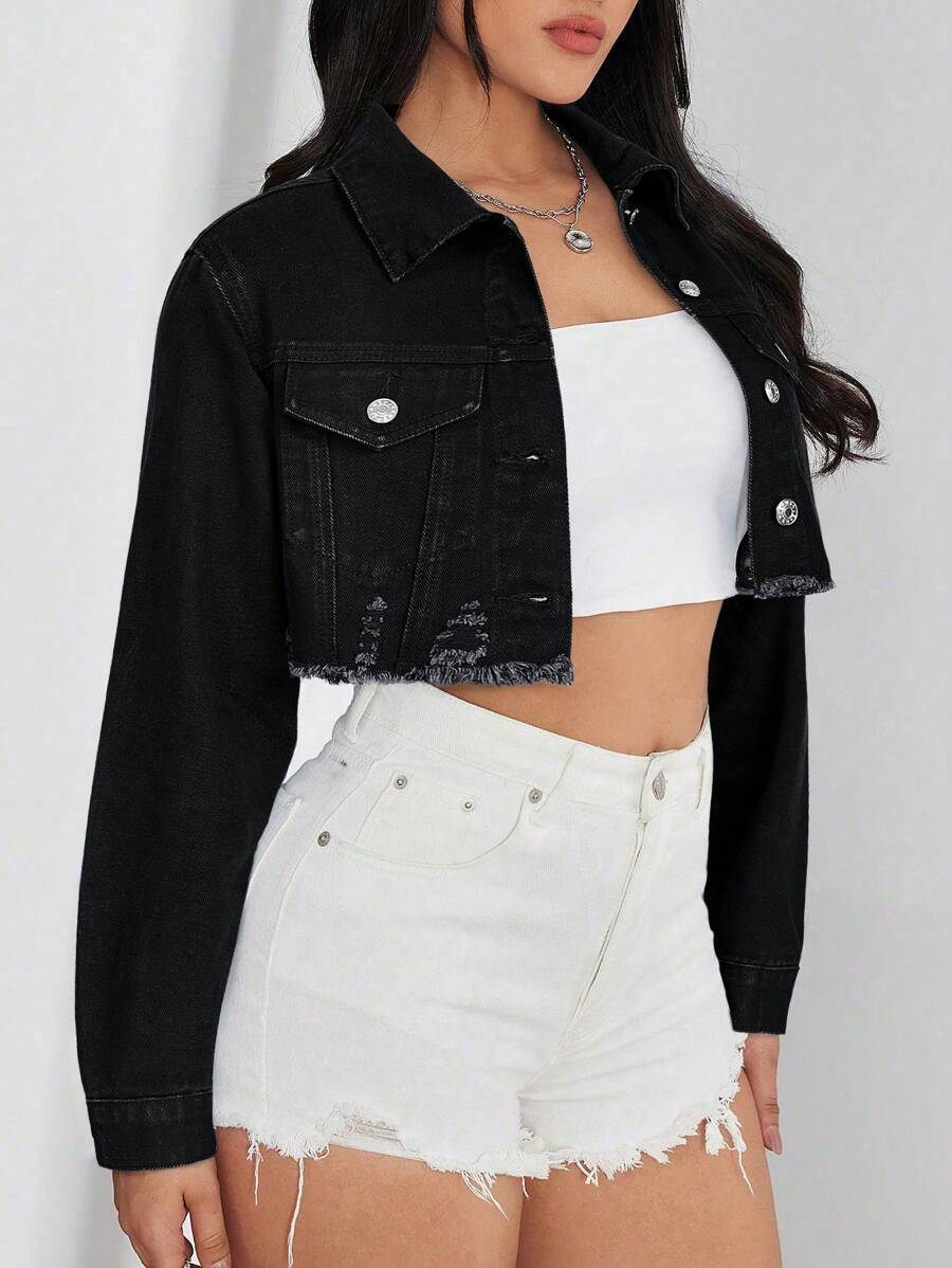 Bridget Frayed Hem Crop Washed Denim Jacket - Medium Wash