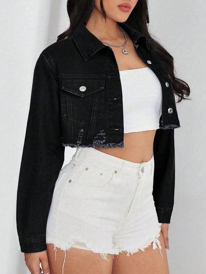 Bridget Frayed Hem Crop Washed Denim Jacket - Medium Wash