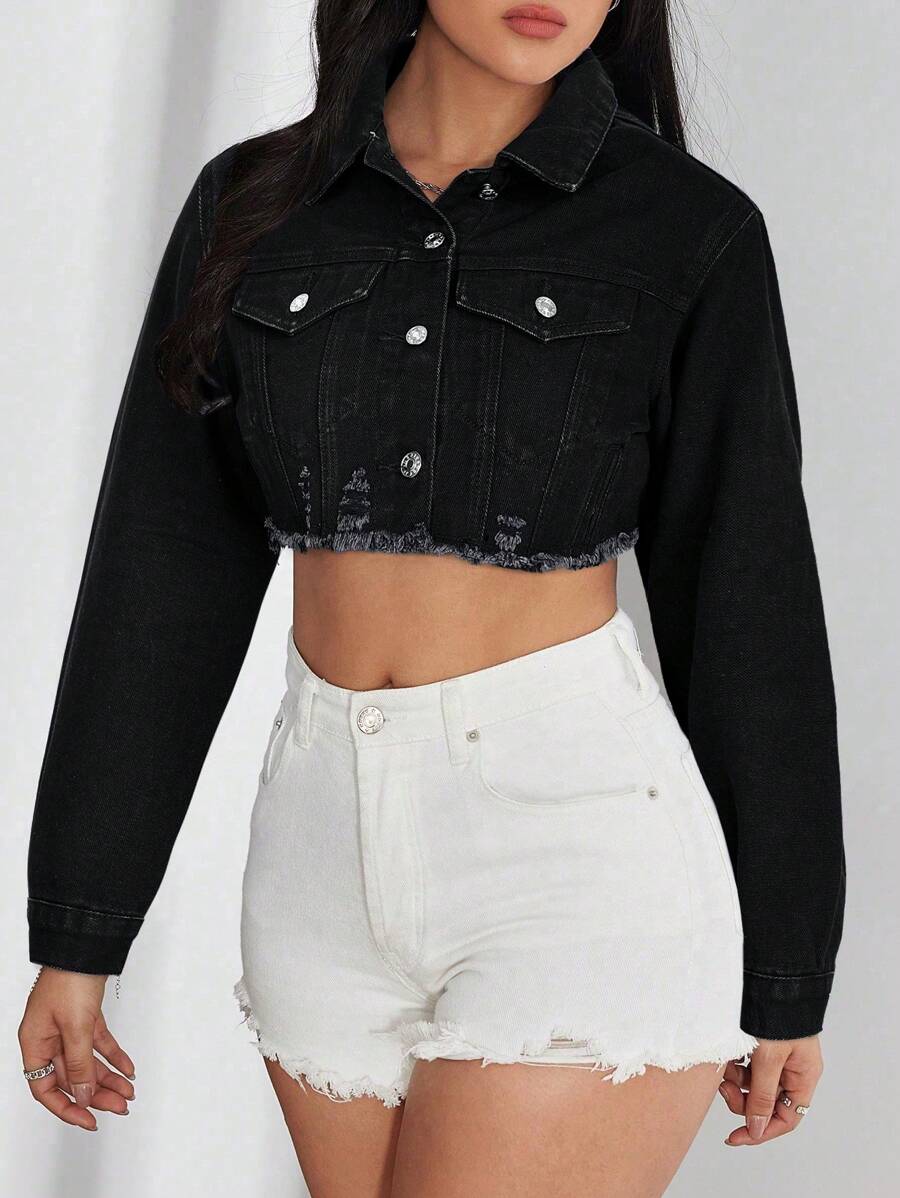 Bridget Frayed Hem Crop Washed Denim Jacket - Light Wash