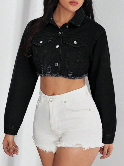 Bridget Frayed Hem Crop Washed Denim Jacket - Light Wash