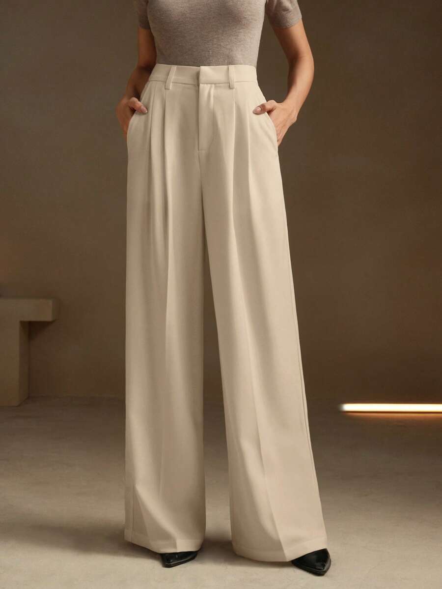 Women's Pleated Wide Leg Dress Trousers, Stretch Tailored Pants for Work Office - Apricot