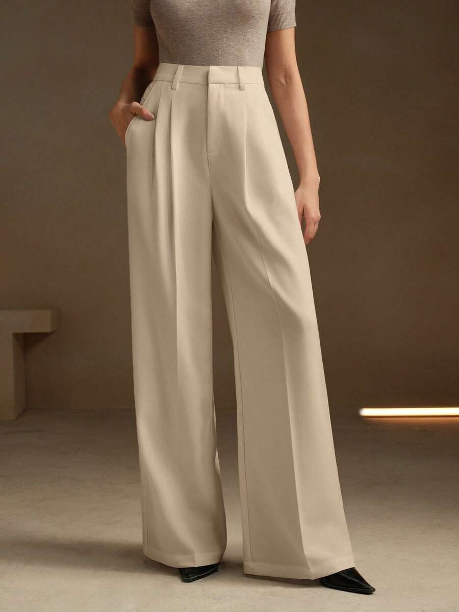 Women's Pleated Wide Leg Dress Trousers, Stretch Tailored Pants for Work Office - Red Violet