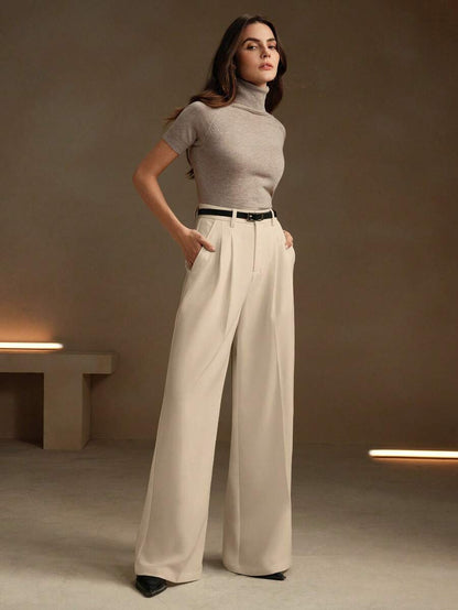 Women's Pleated Wide Leg Dress Trousers, Stretch Tailored Pants for Work Office - Mustard Yellow
