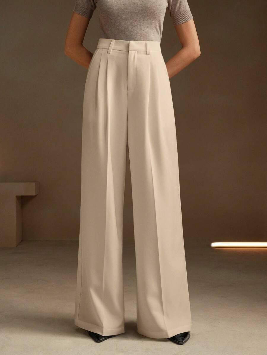 Women's Pleated Wide Leg Dress Trousers, Stretch Tailored Pants for Work Office - Rust Brown