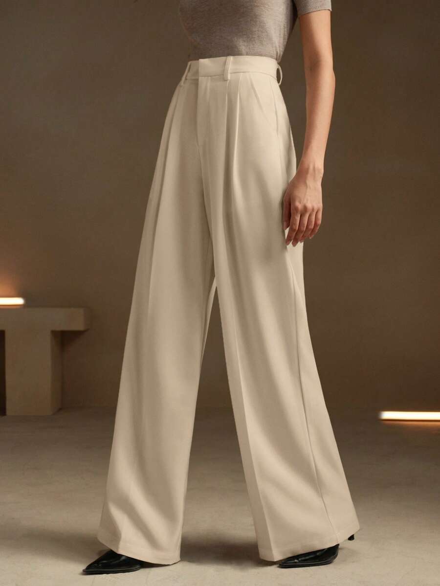Women's Pleated Wide Leg Dress Trousers, Stretch Tailored Pants for Work Office - Olive Green