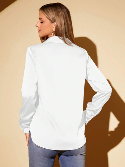 Women's Satin Collared Long Sleeve Shirt, Lapel Silky Blouse for Work and Evening - Camel