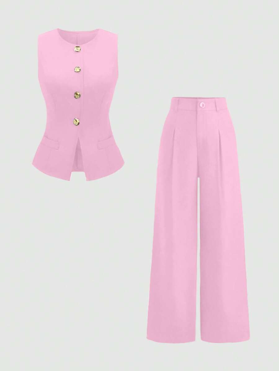 Rhea Two Piece Set Button Vest and Pleated Wide Leg Pants - Pink