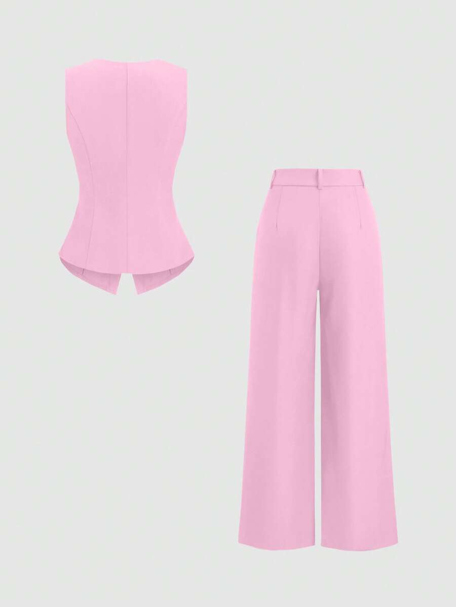 Rhea Two Piece Set Button Vest and Pleated Wide Leg Pants - Pink