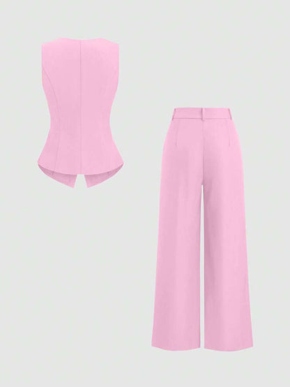 Rhea Two Piece Set Button Vest and Pleated Wide Leg Pants - Pink