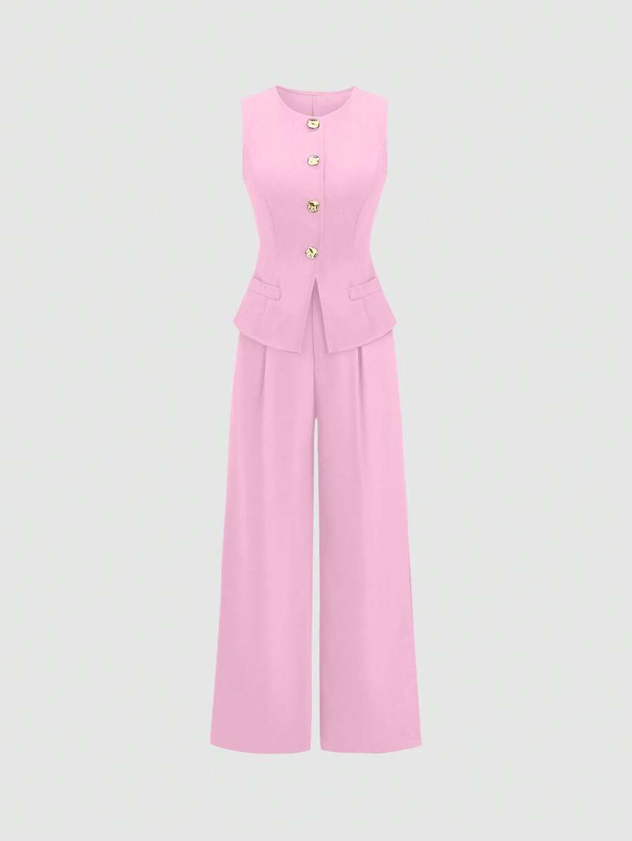 Rhea Two Piece Set Button Vest and Pleated Wide Leg Pants - Pink