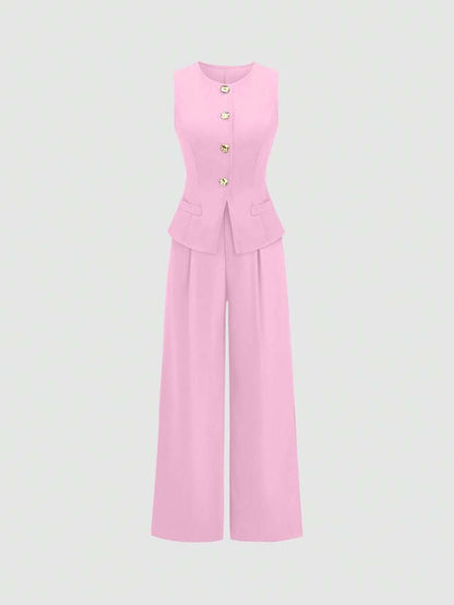 Rhea Two Piece Set Button Vest and Pleated Wide Leg Pants - Pink
