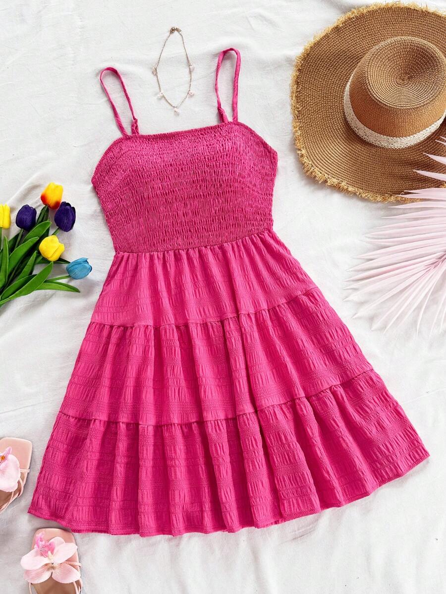 Soleia Women's Summer Holiday Solid Color Spaghetti Strap Dress With Ruffled Hem Mensa