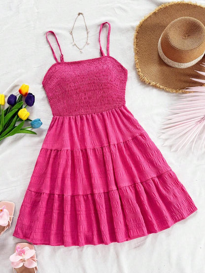 Soleia Women's Summer Holiday Solid Color Spaghetti Strap Dress With Ruffled Hem Mensa