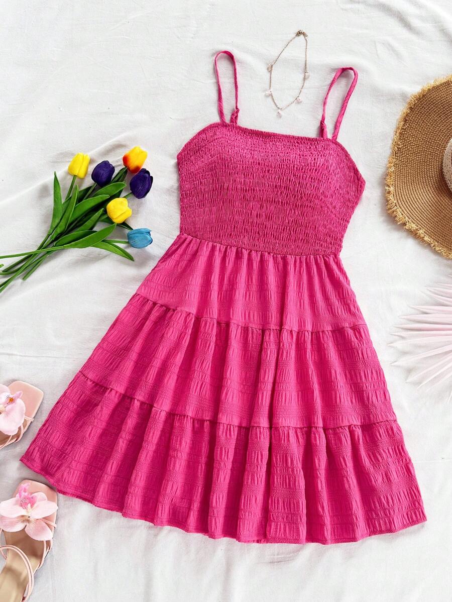 Soleia Women's Summer Holiday Solid Color Spaghetti Strap Dress With Ruffled Hem Mensa