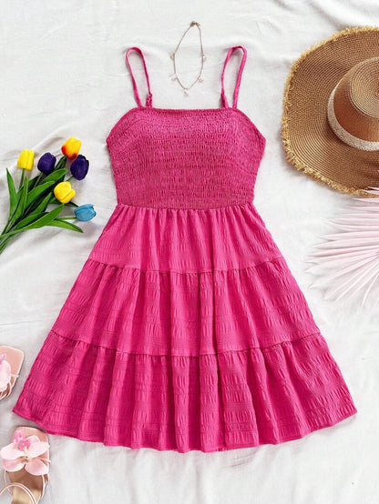Soleia Women's Summer Holiday Solid Color Spaghetti Strap Dress With Ruffled Hem Mensa