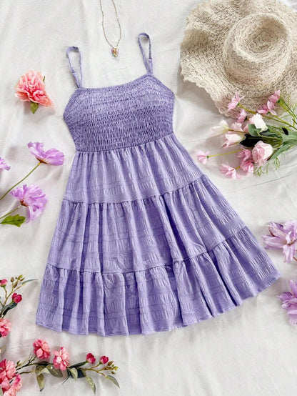 Soleia Women's Summer Holiday Solid Color Spaghetti Strap Dress With Ruffled Hem Mensa