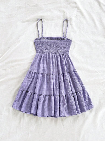 Soleia Women's Summer Holiday Solid Color Spaghetti Strap Dress With Ruffled Hem Mensa
