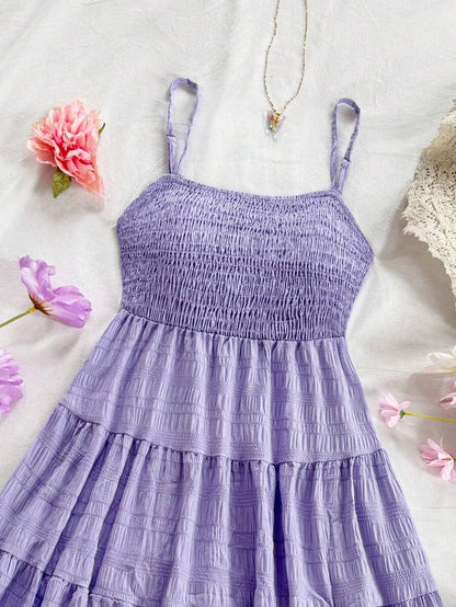 Soleia Women's Summer Holiday Solid Color Spaghetti Strap Dress With Ruffled Hem Mensa