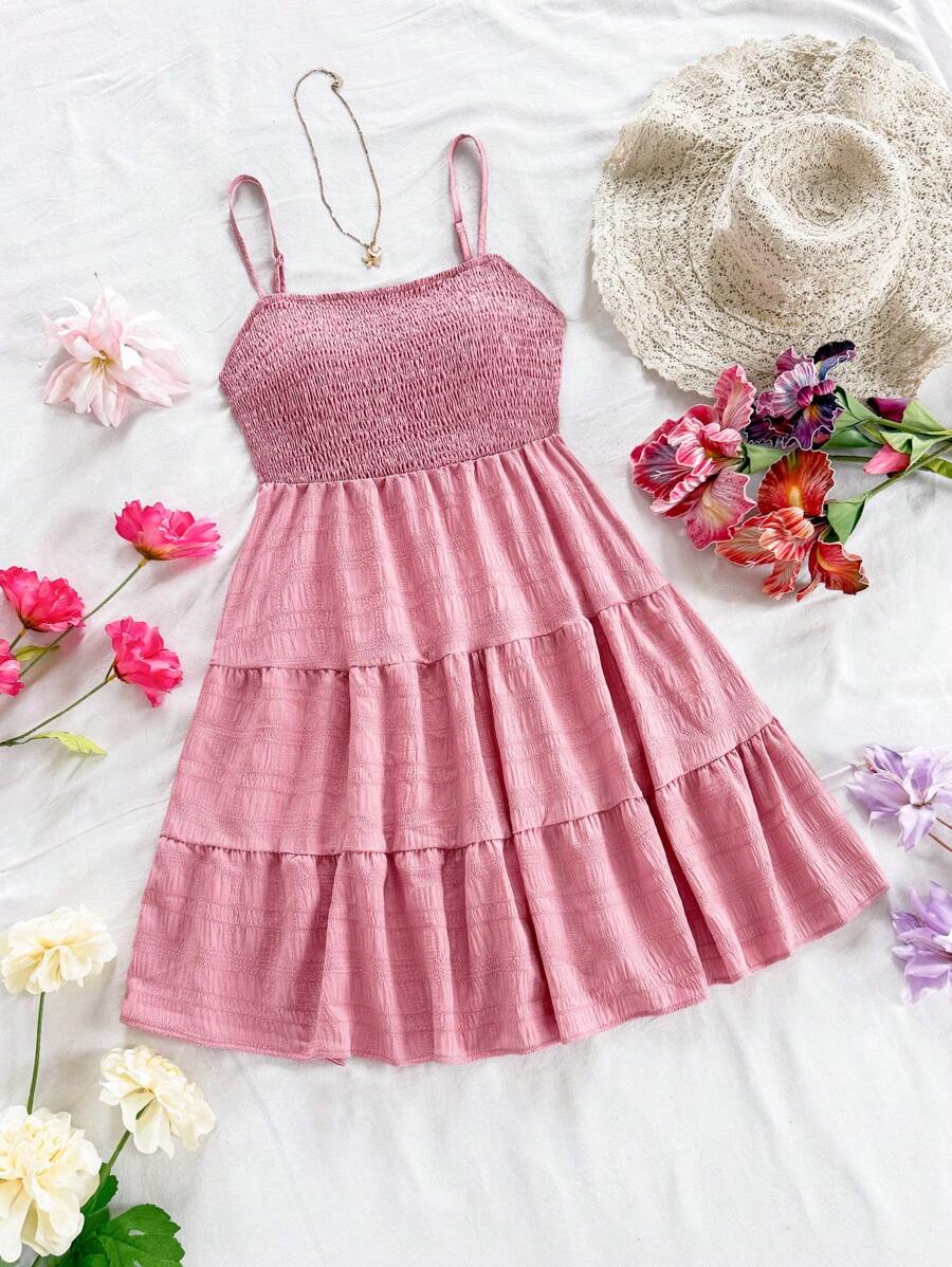 Soleia Women's Summer Holiday Solid Color Spaghetti Strap Dress With Ruffled Hem Mensa