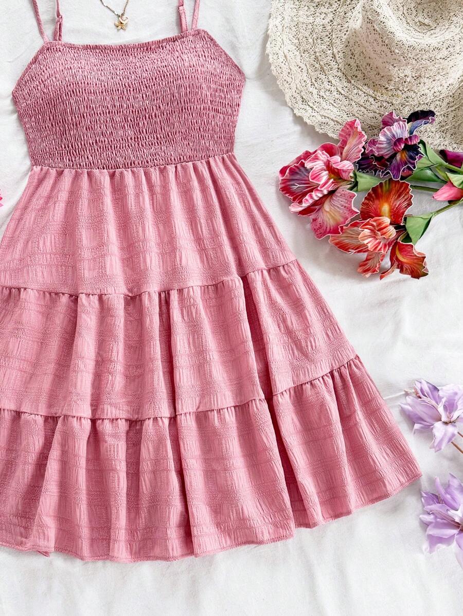 Soleia Women's Summer Holiday Solid Color Spaghetti Strap Dress With Ruffled Hem Mensa