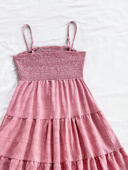 Soleia Women's Summer Holiday Solid Color Spaghetti Strap Dress With Ruffled Hem Mensa
