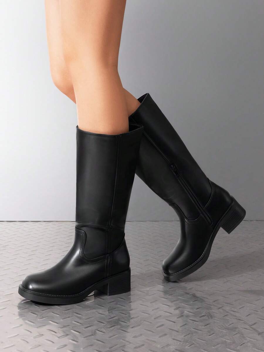 Womens Square Toe Chunky Block Heel Knee High Boots Banana Campus Boots For Women Casual Comfortable Low Heel Side Zipper Riding Tall Boots Mensa