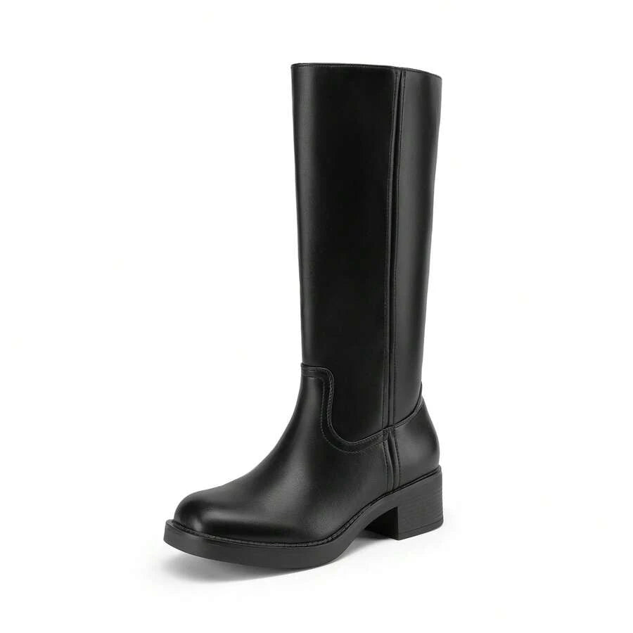 Womens Square Toe Chunky Block Heel Knee High Boots Banana Campus Boots For Women Casual Comfortable Low Heel Side Zipper Riding Tall Boots Mensa