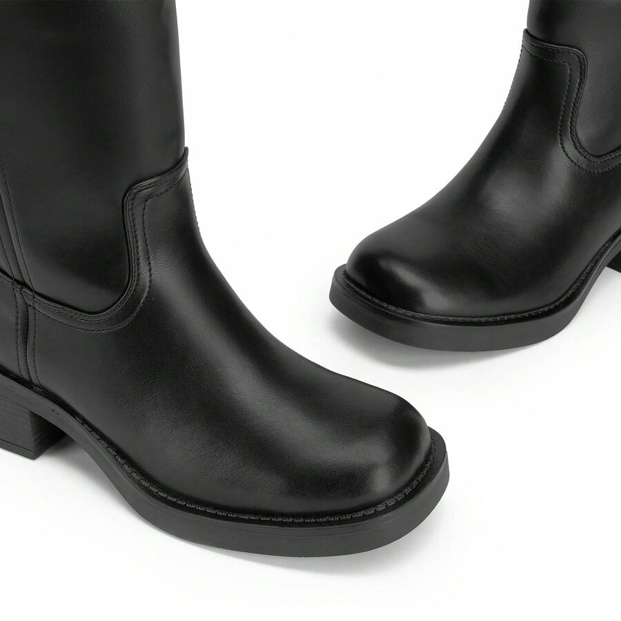 Womens Square Toe Chunky Block Heel Knee High Boots Banana Campus Boots For Women Casual Comfortable Low Heel Side Zipper Riding Tall Boots Mensa