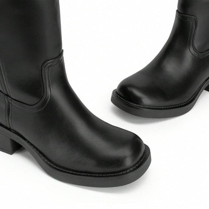 Womens Square Toe Chunky Block Heel Knee High Boots Banana Campus Boots For Women Casual Comfortable Low Heel Side Zipper Riding Tall Boots Mensa