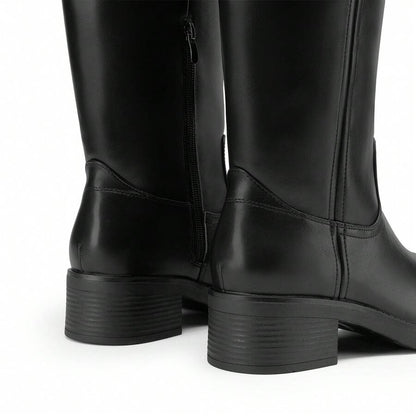 Womens Square Toe Chunky Block Heel Knee High Boots Banana Campus Boots For Women Casual Comfortable Low Heel Side Zipper Riding Tall Boots Mensa