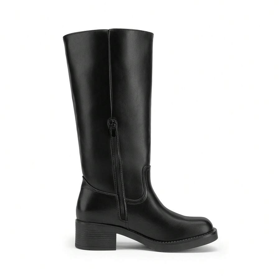 Womens Square Toe Chunky Block Heel Knee High Boots Banana Campus Boots For Women Casual Comfortable Low Heel Side Zipper Riding Tall Boots Mensa