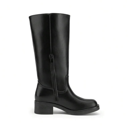 Womens Square Toe Chunky Block Heel Knee High Boots Banana Campus Boots For Women Casual Comfortable Low Heel Side Zipper Riding Tall Boots Mensa