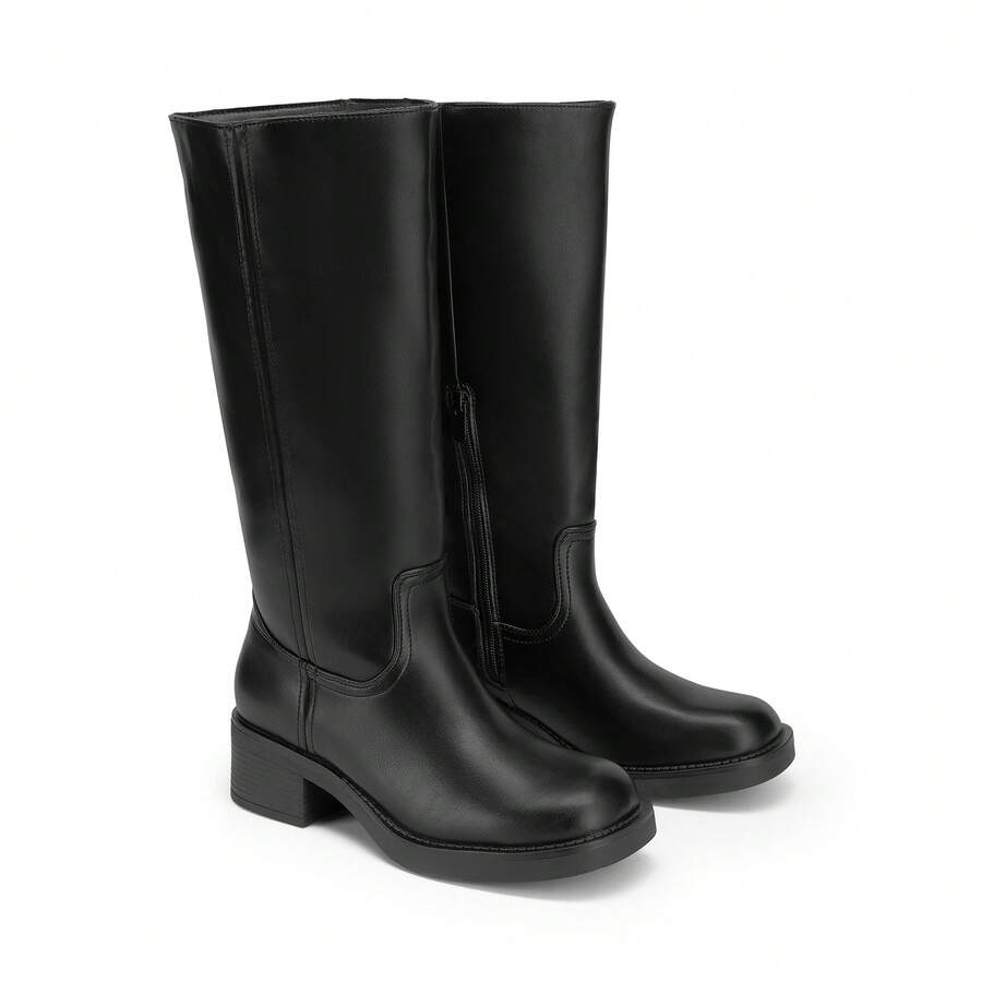 Womens Square Toe Chunky Block Heel Knee High Boots Banana Campus Boots For Women Casual Comfortable Low Heel Side Zipper Riding Tall Boots Mensa