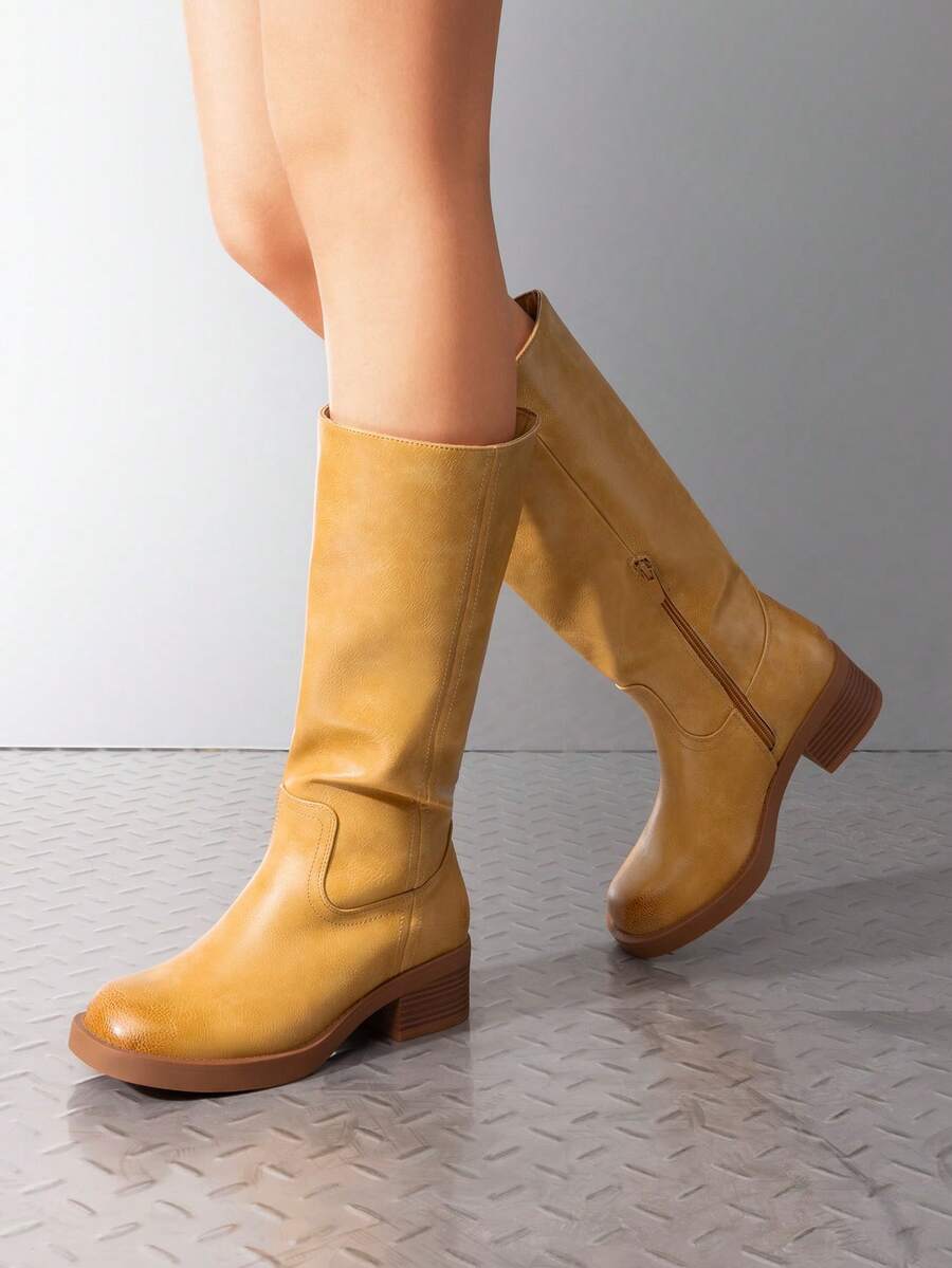 Womens Square Toe Chunky Block Heel Knee High Boots Banana Campus Boots For Women Casual Comfortable Low Heel Side Zipper Riding Tall Boots Mensa