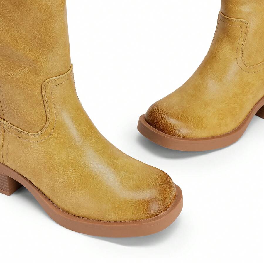 Womens Square Toe Chunky Block Heel Knee High Boots Banana Campus Boots For Women Casual Comfortable Low Heel Side Zipper Riding Tall Boots Mensa