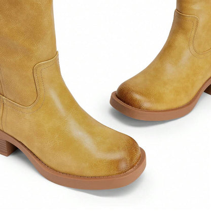Womens Square Toe Chunky Block Heel Knee High Boots Banana Campus Boots For Women Casual Comfortable Low Heel Side Zipper Riding Tall Boots Mensa