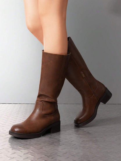 Womens Square Toe Chunky Block Heel Knee High Boots Banana Campus Boots For Women Casual Comfortable Low Heel Side Zipper Riding Tall Boots Mensa