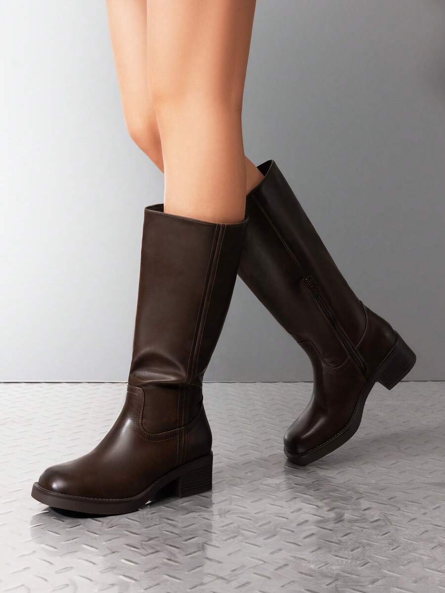 Womens Square Toe Chunky Block Heel Knee High Boots Banana Campus Boots For Women Casual Comfortable Low Heel Side Zipper Riding Tall Boots Mensa