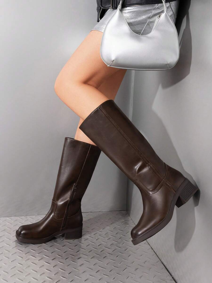 Womens Square Toe Chunky Block Heel Knee High Boots Banana Campus Boots For Women Casual Comfortable Low Heel Side Zipper Riding Tall Boots Mensa
