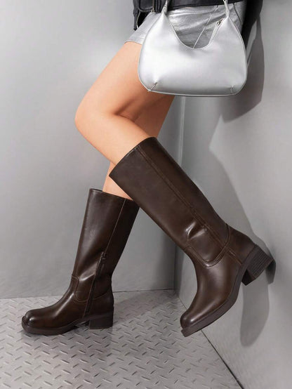 Womens Square Toe Chunky Block Heel Knee High Boots Banana Campus Boots For Women Casual Comfortable Low Heel Side Zipper Riding Tall Boots Mensa