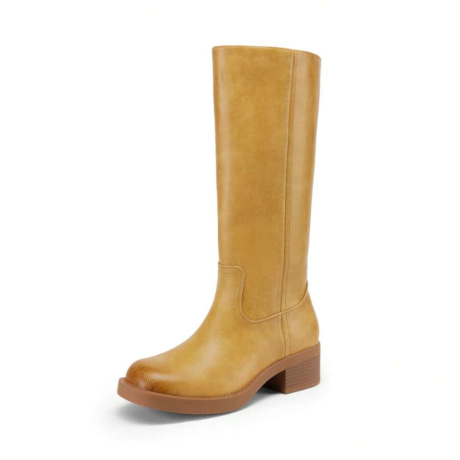 Womens Square Toe Chunky Block Heel Knee High Boots Banana Campus Boots For Women Casual Comfortable Low Heel Side Zipper Riding Tall Boots Mensa