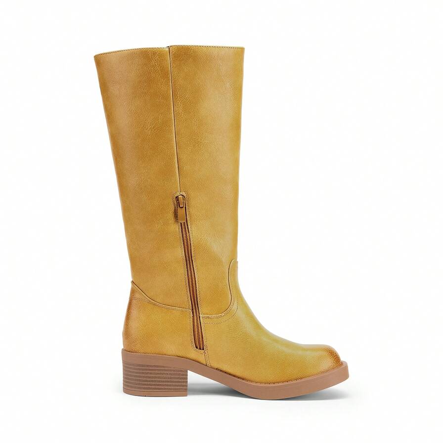 Womens Square Toe Chunky Block Heel Knee High Boots Banana Campus Boots For Women Casual Comfortable Low Heel Side Zipper Riding Tall Boots Mensa