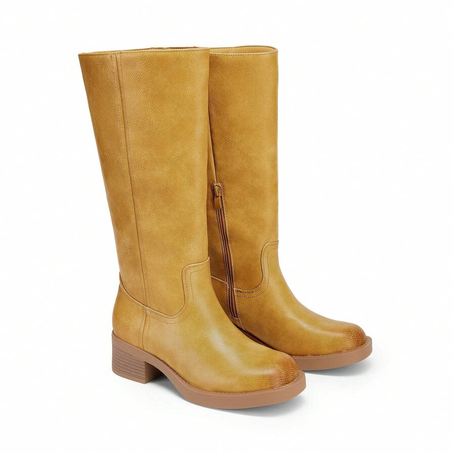 Womens Square Toe Chunky Block Heel Knee High Boots Banana Campus Boots For Women Casual Comfortable Low Heel Side Zipper Riding Tall Boots Mensa